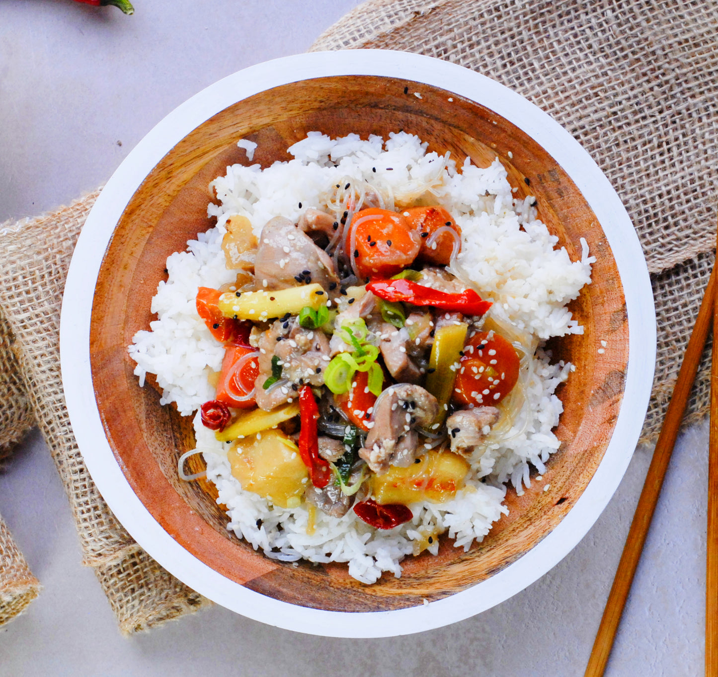 Gestoofde Kip Dakjjim met Rijst, Aardappel en Wortel